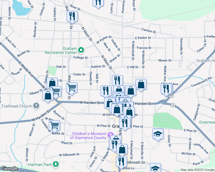 map of restaurants, bars, coffee shops, grocery stores, and more near 312 North Maple Street in Graham