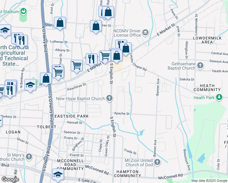 map of restaurants, bars, coffee shops, grocery stores, and more near 218 South English Street in Greensboro
