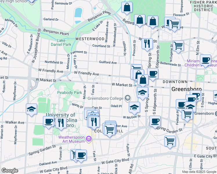map of restaurants, bars, coffee shops, grocery stores, and more near in Greensboro