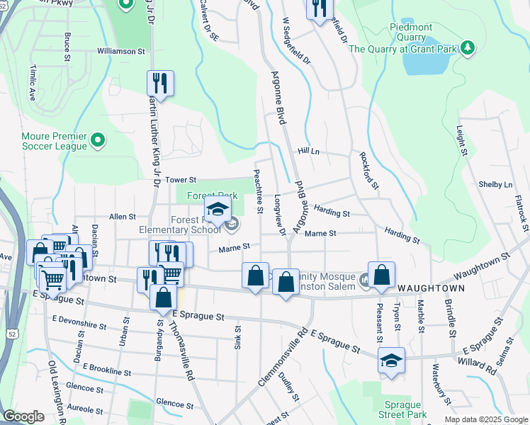 map of restaurants, bars, coffee shops, grocery stores, and more near 1721 Peachtree Street in Winston-Salem