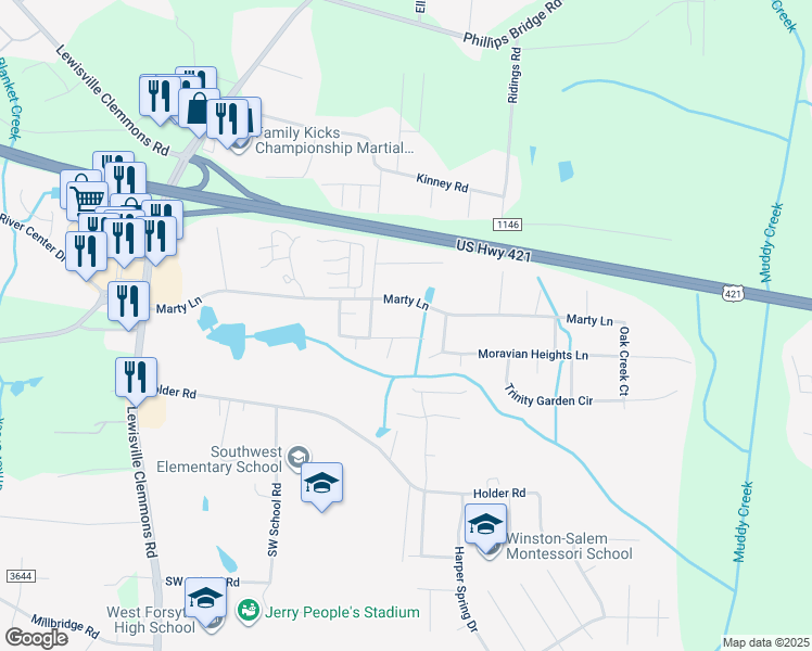 map of restaurants, bars, coffee shops, grocery stores, and more near 5740 Marty Lane in Clemmons
