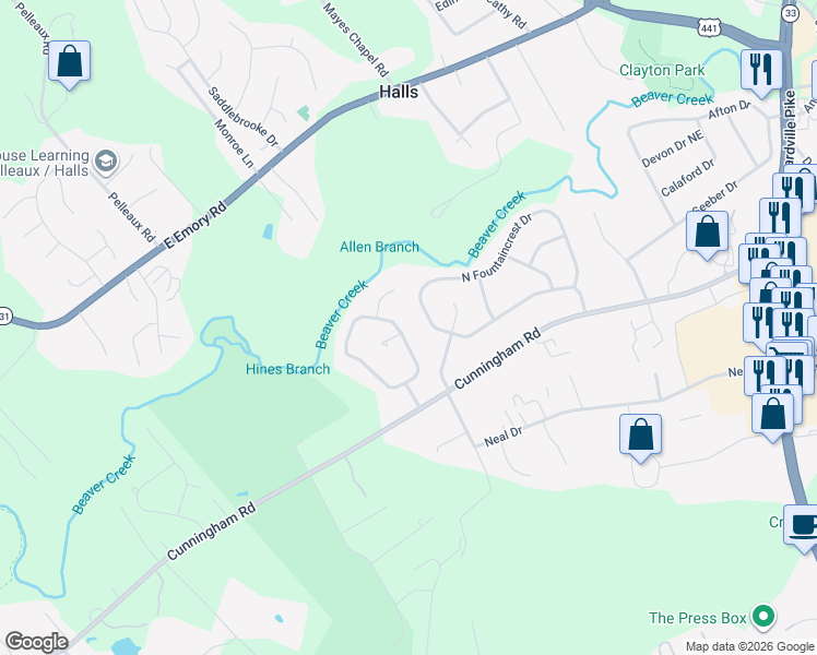 map of restaurants, bars, coffee shops, grocery stores, and more near 3416 North Fountaincrest Drive in Knoxville