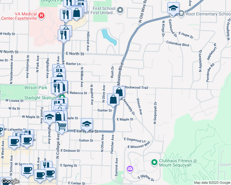 map of restaurants, bars, coffee shops, grocery stores, and more near 523-533 East Prospect Street in Fayetteville