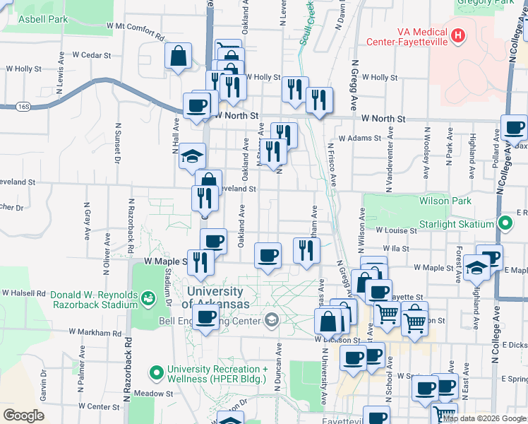 map of restaurants, bars, coffee shops, grocery stores, and more near 685 North Leverett Avenue in Fayetteville