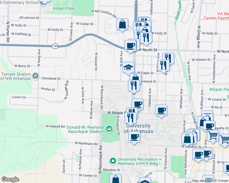 map of restaurants, bars, coffee shops, grocery stores, and more near 1261 W Cleveland Street in Fayetteville