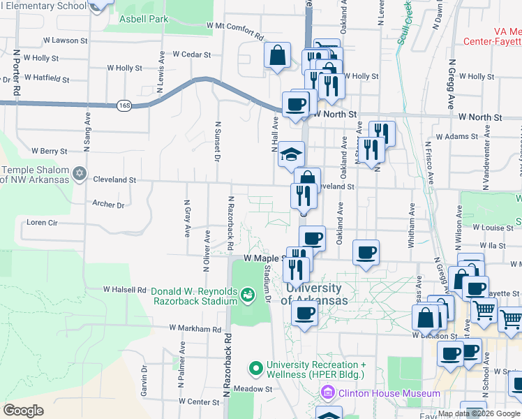 map of restaurants, bars, coffee shops, grocery stores, and more near 645 North Hall Avenue in Fayetteville