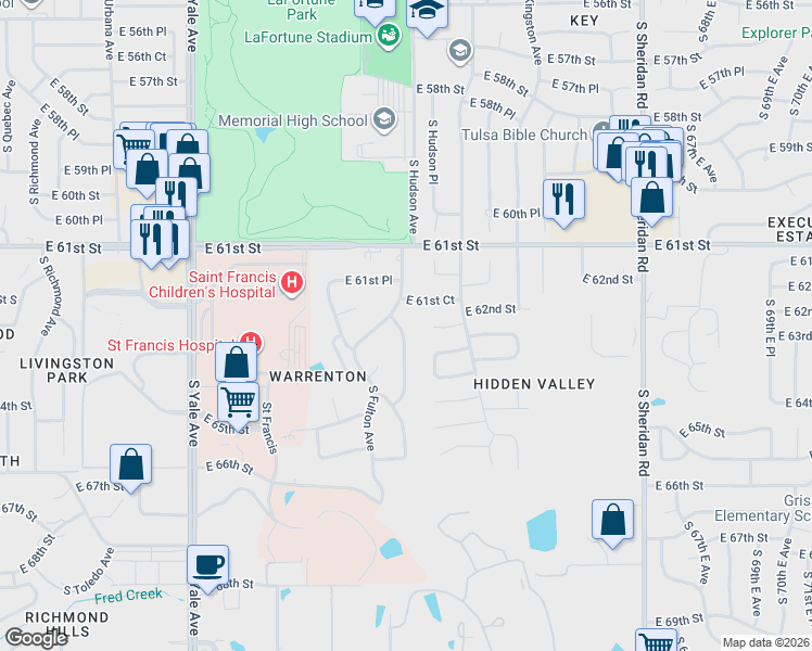 map of restaurants, bars, coffee shops, grocery stores, and more near 5710 East 61st Court in Tulsa