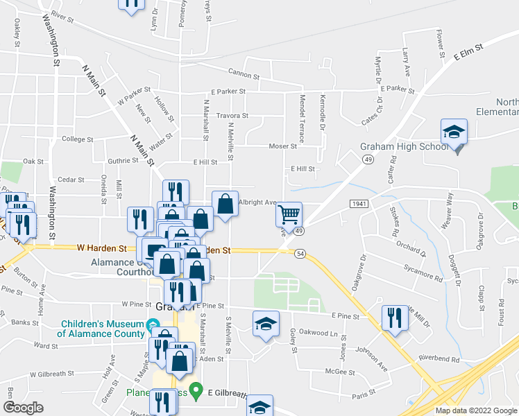 map of restaurants, bars, coffee shops, grocery stores, and more near 321 Albright Avenue in Graham