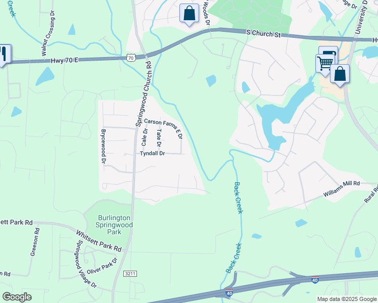 map of restaurants, bars, coffee shops, grocery stores, and more near 317 Tyndall Drive in Gibsonville