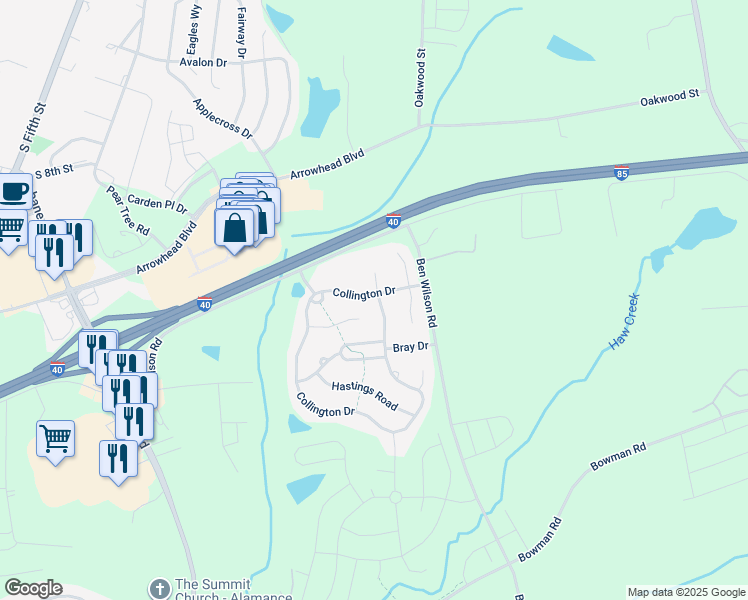 map of restaurants, bars, coffee shops, grocery stores, and more near 301 Collington Drive in Mebane