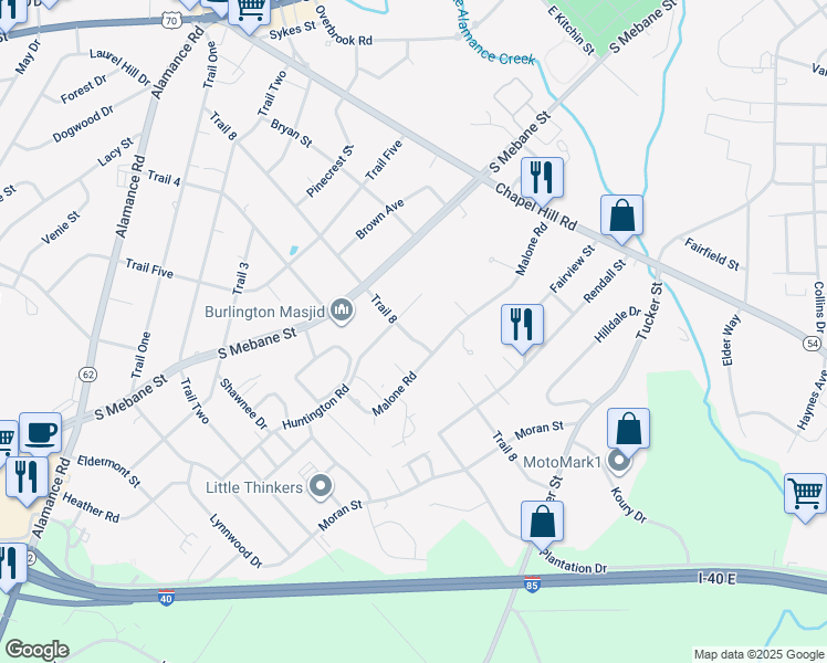 map of restaurants, bars, coffee shops, grocery stores, and more near 610 Trail 8 in Burlington