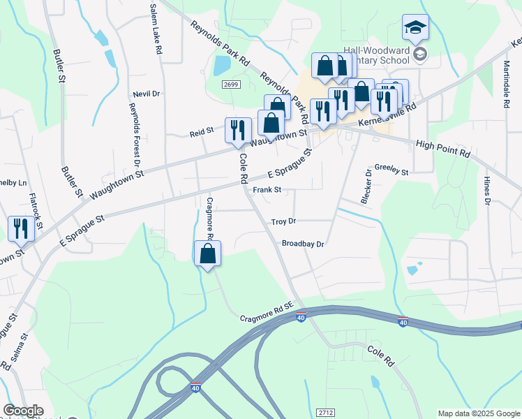 map of restaurants, bars, coffee shops, grocery stores, and more near 2323 Cole Road in Winston-Salem