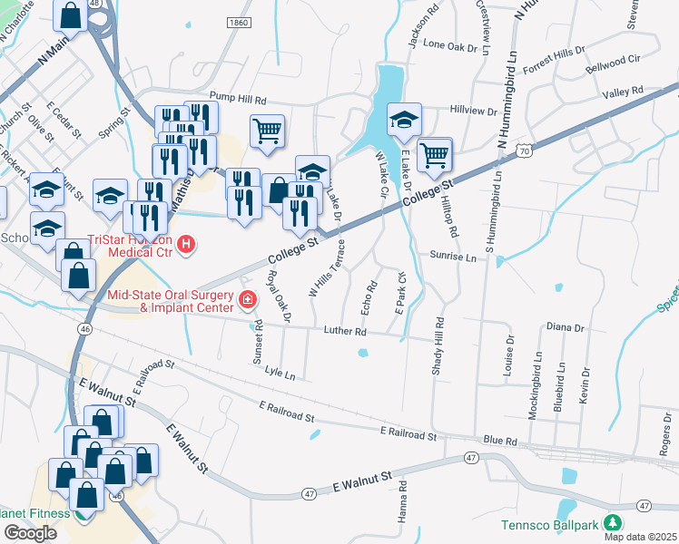 map of restaurants, bars, coffee shops, grocery stores, and more near 103 East Hills Terrace in Dickson