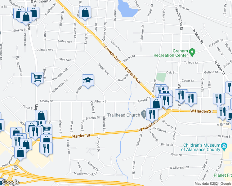 map of restaurants, bars, coffee shops, grocery stores, and more near 218 Springwood Drive in Burlington