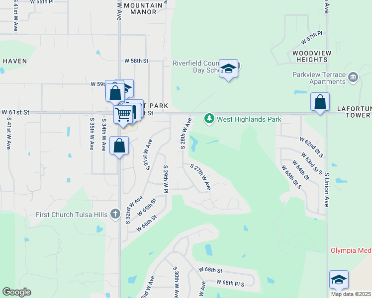 map of restaurants, bars, coffee shops, grocery stores, and more near 6151 South 28th Avenue West in Tulsa