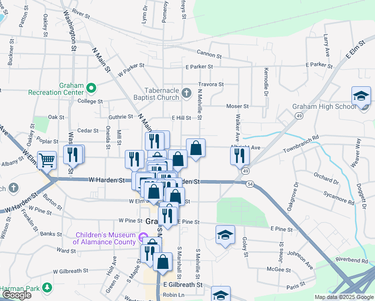 map of restaurants, bars, coffee shops, grocery stores, and more near 205 Albright Avenue in Graham