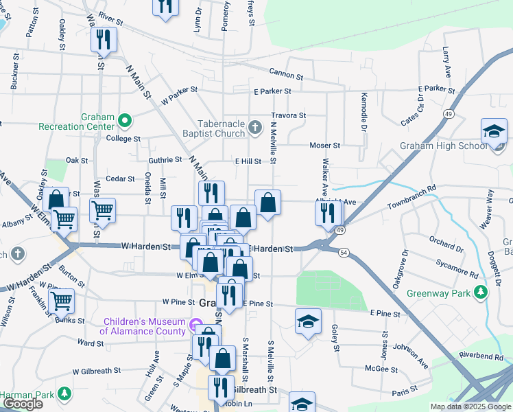 map of restaurants, bars, coffee shops, grocery stores, and more near 205 Albright Avenue in Graham