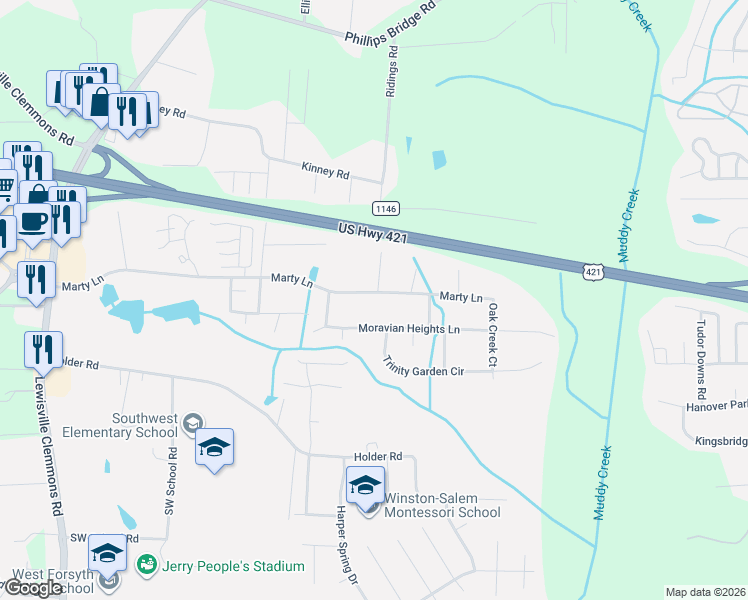 map of restaurants, bars, coffee shops, grocery stores, and more near 5705 Marty Lane in Clemmons