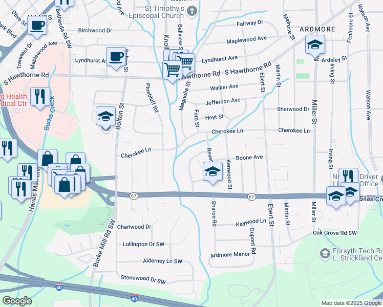 map of restaurants, bars, coffee shops, grocery stores, and more near 2608 Cherokee Lane in Winston-Salem