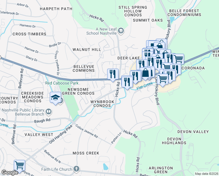 map of restaurants, bars, coffee shops, grocery stores, and more near 7221 Highway 70 South in Nashville