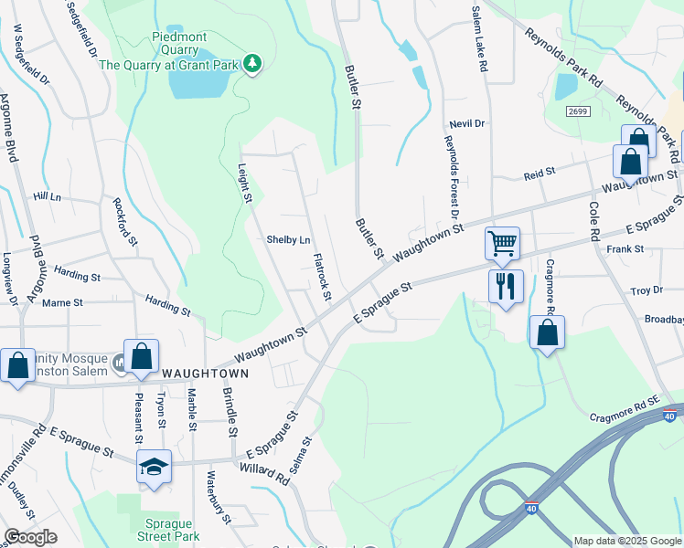 map of restaurants, bars, coffee shops, grocery stores, and more near 1971 Lyons Street in Winston-Salem