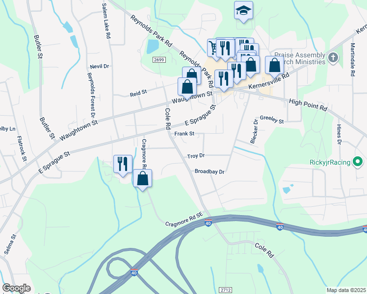 map of restaurants, bars, coffee shops, grocery stores, and more near 2323 Cole Road in Winston-Salem