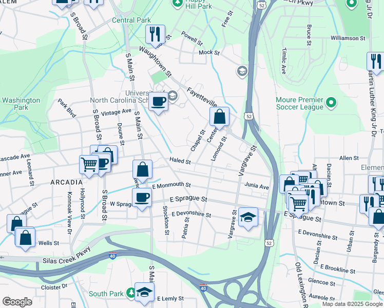 map of restaurants, bars, coffee shops, grocery stores, and more near 1833 Chapel Street in Winston-Salem