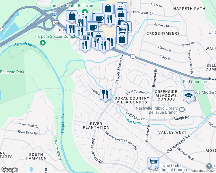 map of restaurants, bars, coffee shops, grocery stores, and more near 217 Plantation Court in Nashville