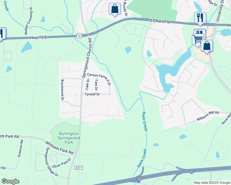 map of restaurants, bars, coffee shops, grocery stores, and more near 317 Tyndall Drive in Gibsonville