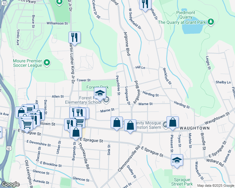 map of restaurants, bars, coffee shops, grocery stores, and more near 1720 Peachtree Street in Winston-Salem