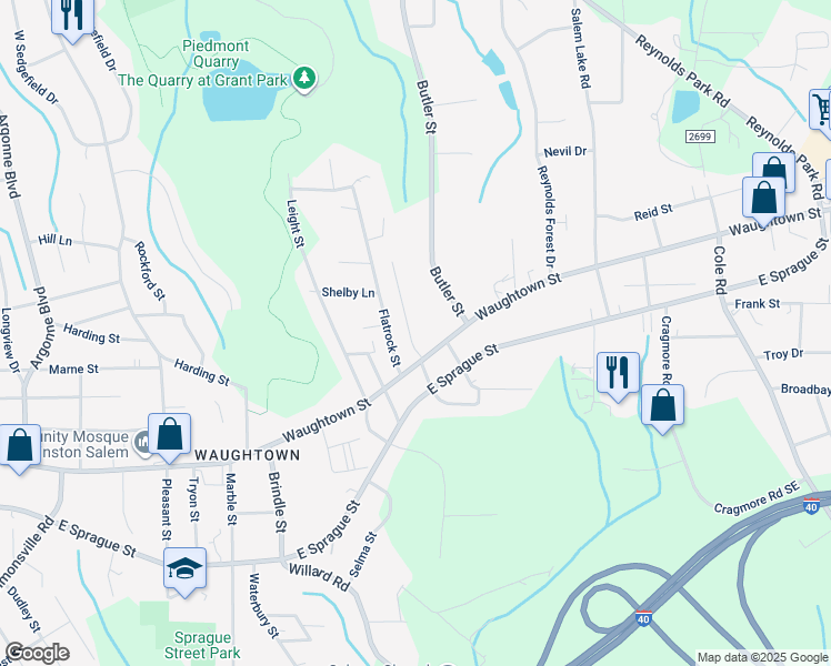 map of restaurants, bars, coffee shops, grocery stores, and more near 1971 Lyons Street in Winston-Salem