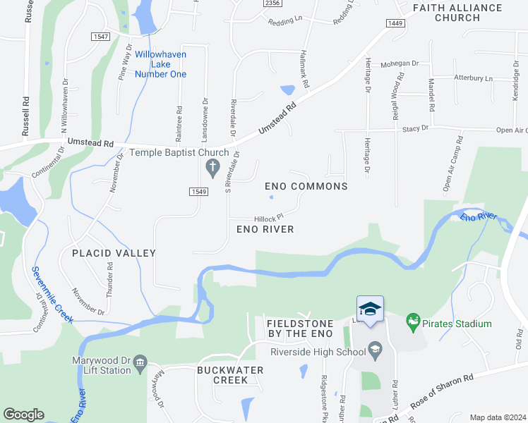 map of restaurants, bars, coffee shops, grocery stores, and more near 2014 Hillock Place in Durham
