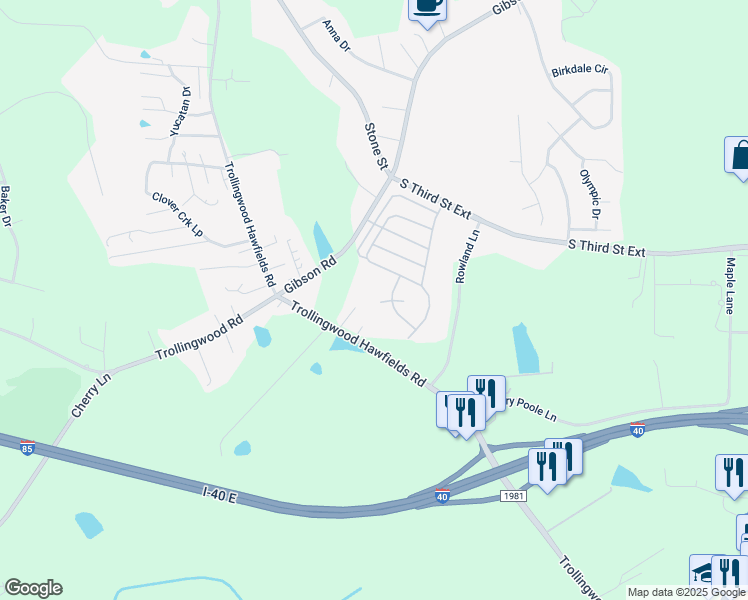 map of restaurants, bars, coffee shops, grocery stores, and more near 1412 Titanium Court in Mebane