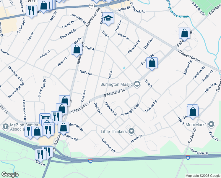 map of restaurants, bars, coffee shops, grocery stores, and more near 2019 South Mebane Street in Burlington