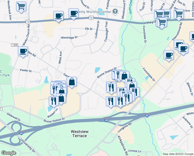 map of restaurants, bars, coffee shops, grocery stores, and more near 791 Boone Station Drive in Burlington