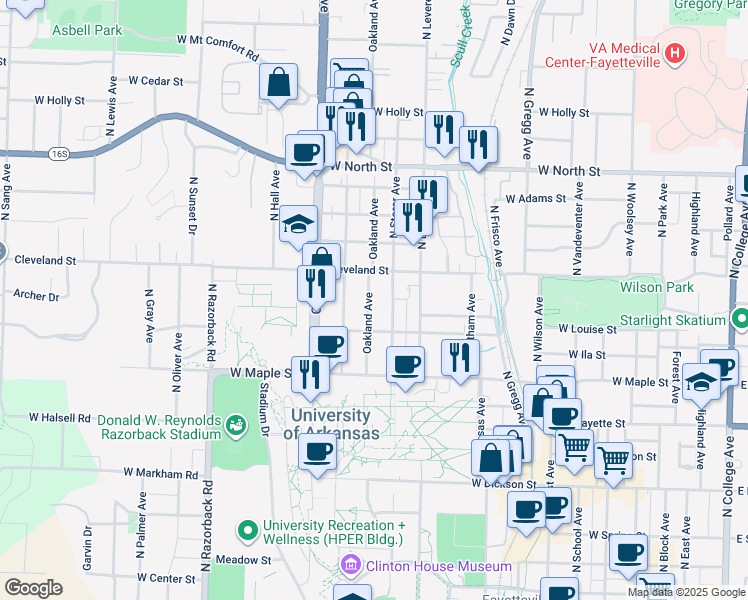 map of restaurants, bars, coffee shops, grocery stores, and more near 901 Cleveland Street in Fayetteville