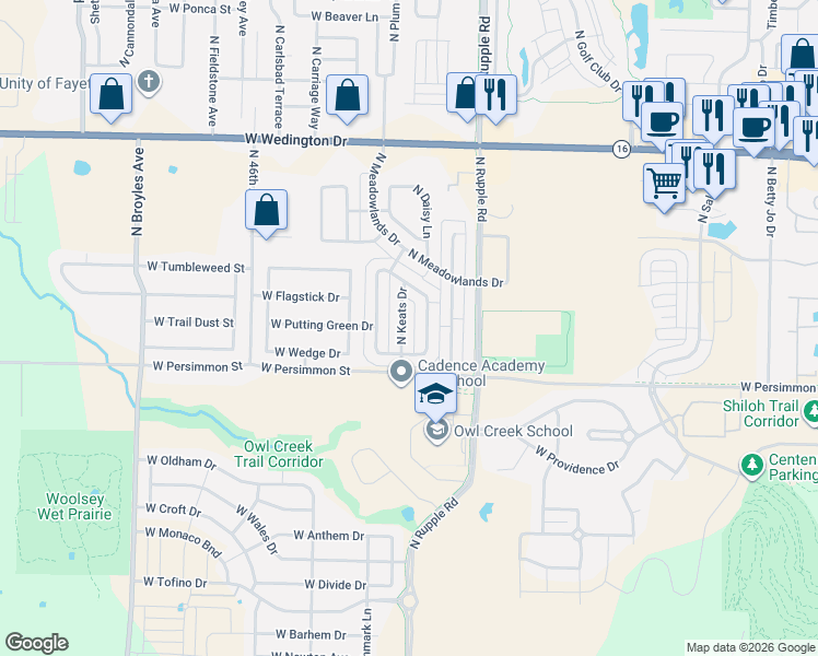 map of restaurants, bars, coffee shops, grocery stores, and more near 613 North Keats Drive in Fayetteville