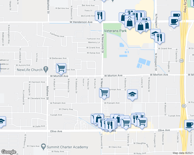 map of restaurants, bars, coffee shops, grocery stores, and more near 1635 West Morton Avenue in Porterville