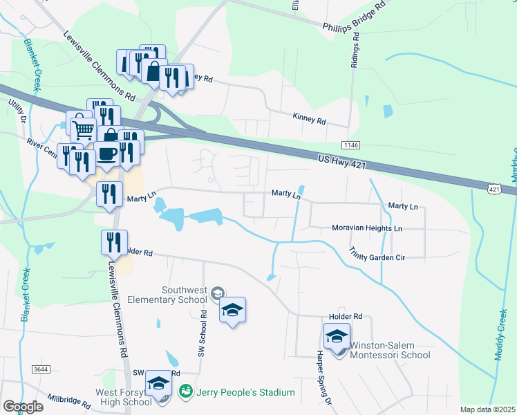 map of restaurants, bars, coffee shops, grocery stores, and more near 5912 Katlas Trail in Clemmons