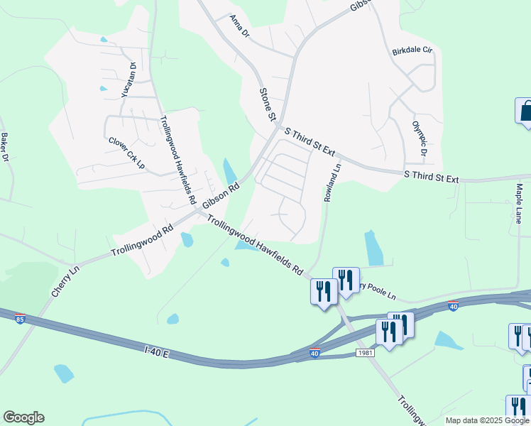 map of restaurants, bars, coffee shops, grocery stores, and more near 1412 Titanium Court in Mebane