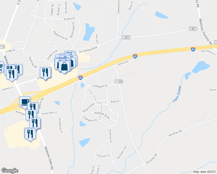 map of restaurants, bars, coffee shops, grocery stores, and more near 209 Collington Drive in Mebane