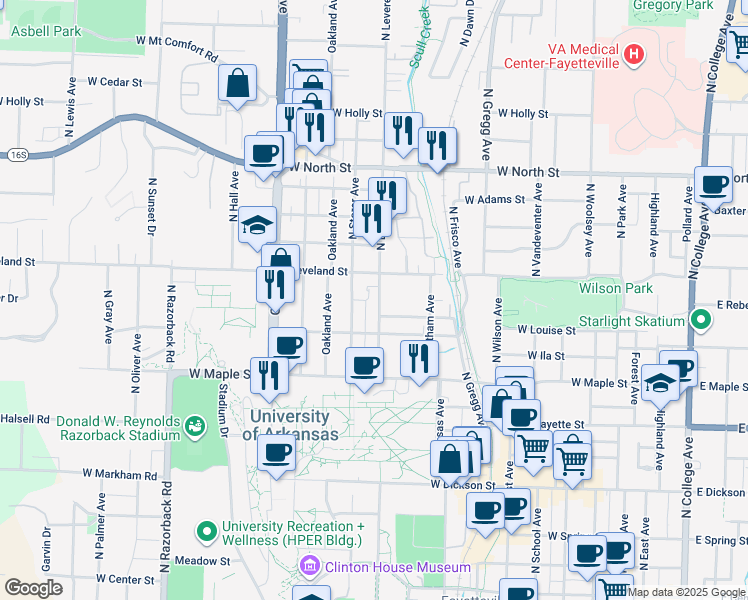 map of restaurants, bars, coffee shops, grocery stores, and more near 635 North Leverett Avenue in Fayetteville