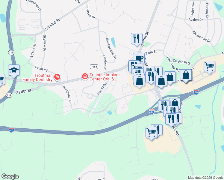 map of restaurants, bars, coffee shops, grocery stores, and more near 809 Socata Lane in Mebane