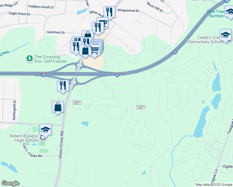 map of restaurants, bars, coffee shops, grocery stores, and more near Interstate 40 in Kernersville