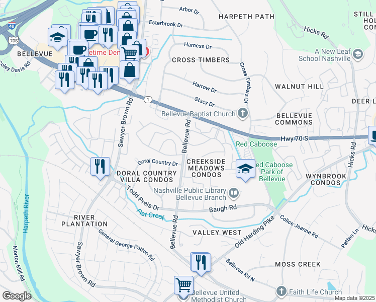 map of restaurants, bars, coffee shops, grocery stores, and more near 810 Bellevue Road in Nashville