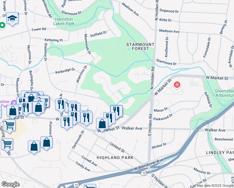 map of restaurants, bars, coffee shops, grocery stores, and more near 106 Manchester Place in Greensboro