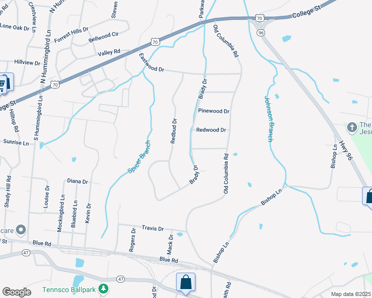 map of restaurants, bars, coffee shops, grocery stores, and more near 222 Brady Drive in Dickson