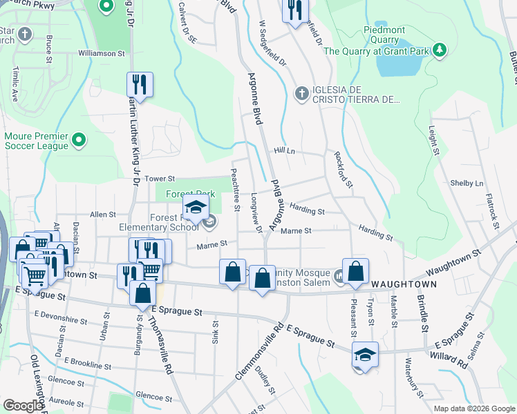 map of restaurants, bars, coffee shops, grocery stores, and more near 1707 Longview Drive in Winston-Salem