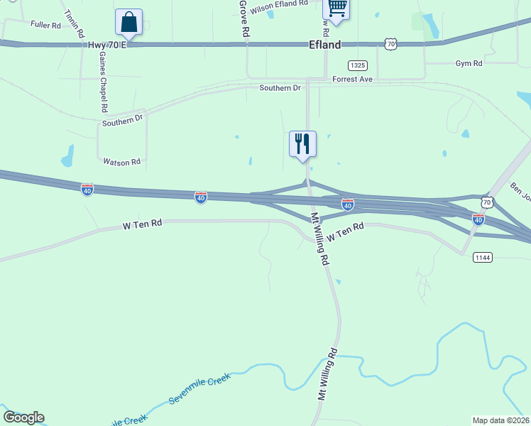 map of restaurants, bars, coffee shops, grocery stores, and more near Interstate 40 in Efland