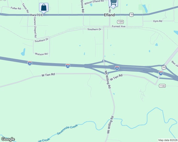 map of restaurants, bars, coffee shops, grocery stores, and more near Interstate 40 in Efland